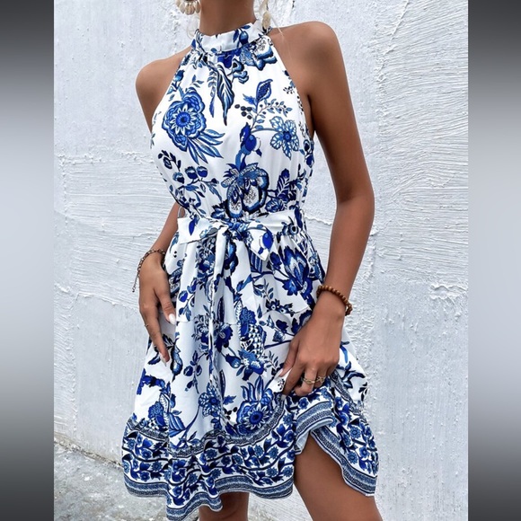 Boho Floral Paisley Print Belted Ruffle Hem Halter Dress WHITE BLUE - Picture 3 of 6